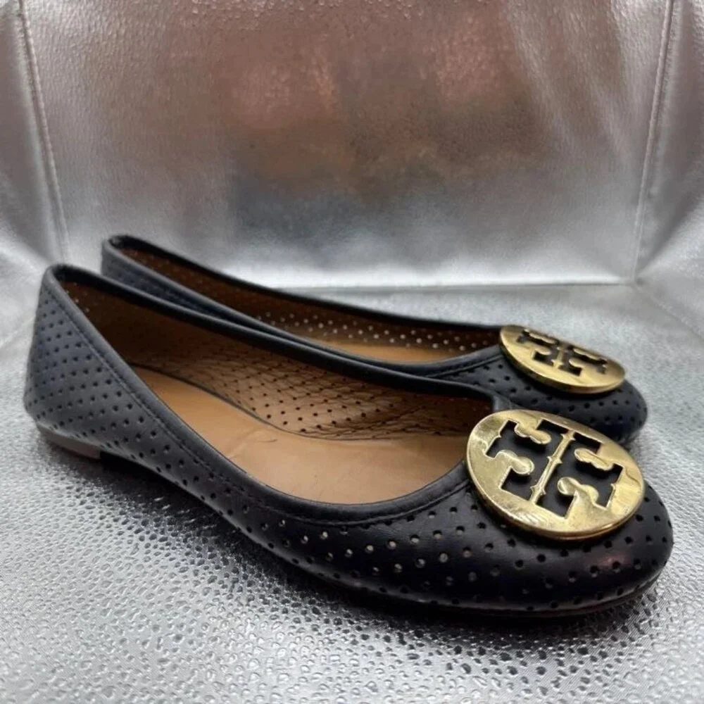 Sz 8 - Tory Burch Reva Perforated Womens Black Goldtone Logo Leather Flats‎
